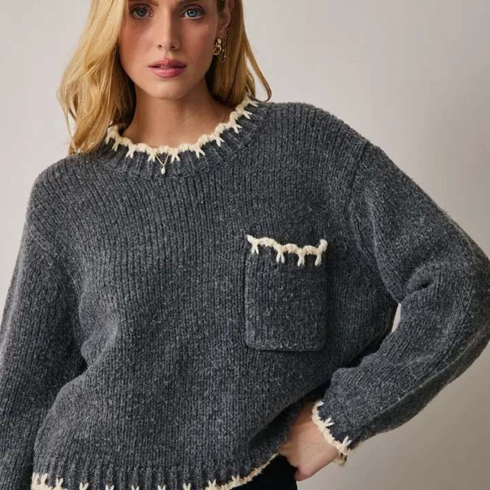 Sunday Edition Chunky Sweater Womens Medium‎ Gray White Trim Pocket